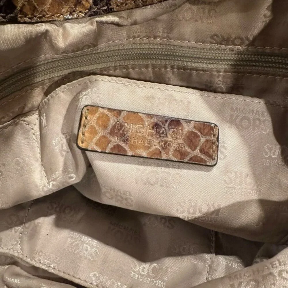 Michael Kors Hobo Purse Handbag Leather Snake Print Brown Y2K Tassle Crossbody